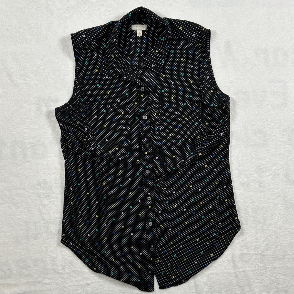 Talbots Polka Dot Blouse Small Black Sleeveless Colorful Classic Top